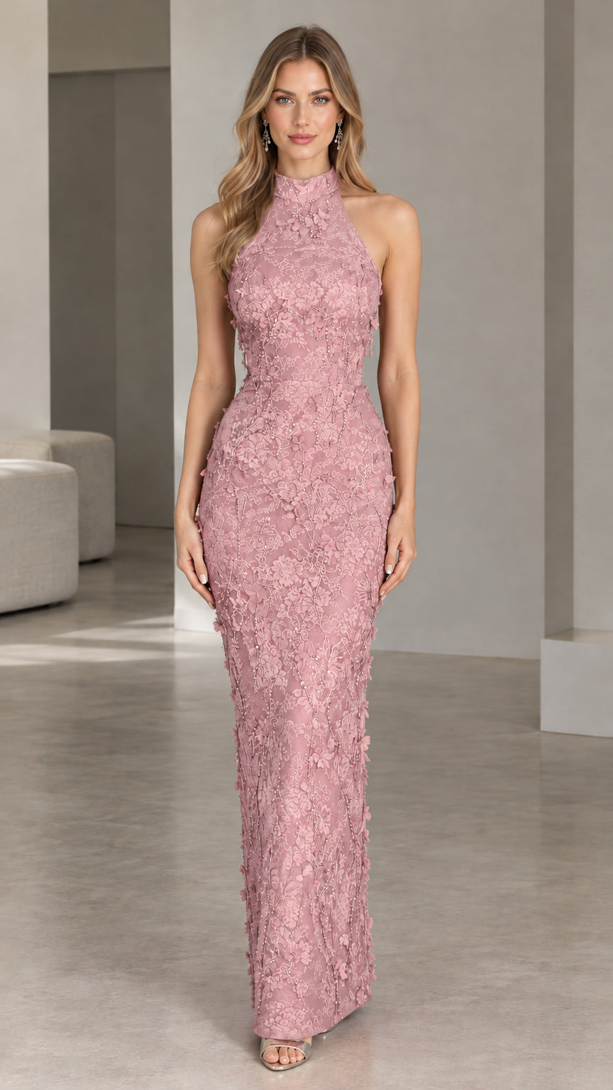 Front view of dusty pink floral lace high-neck floor-length gown
