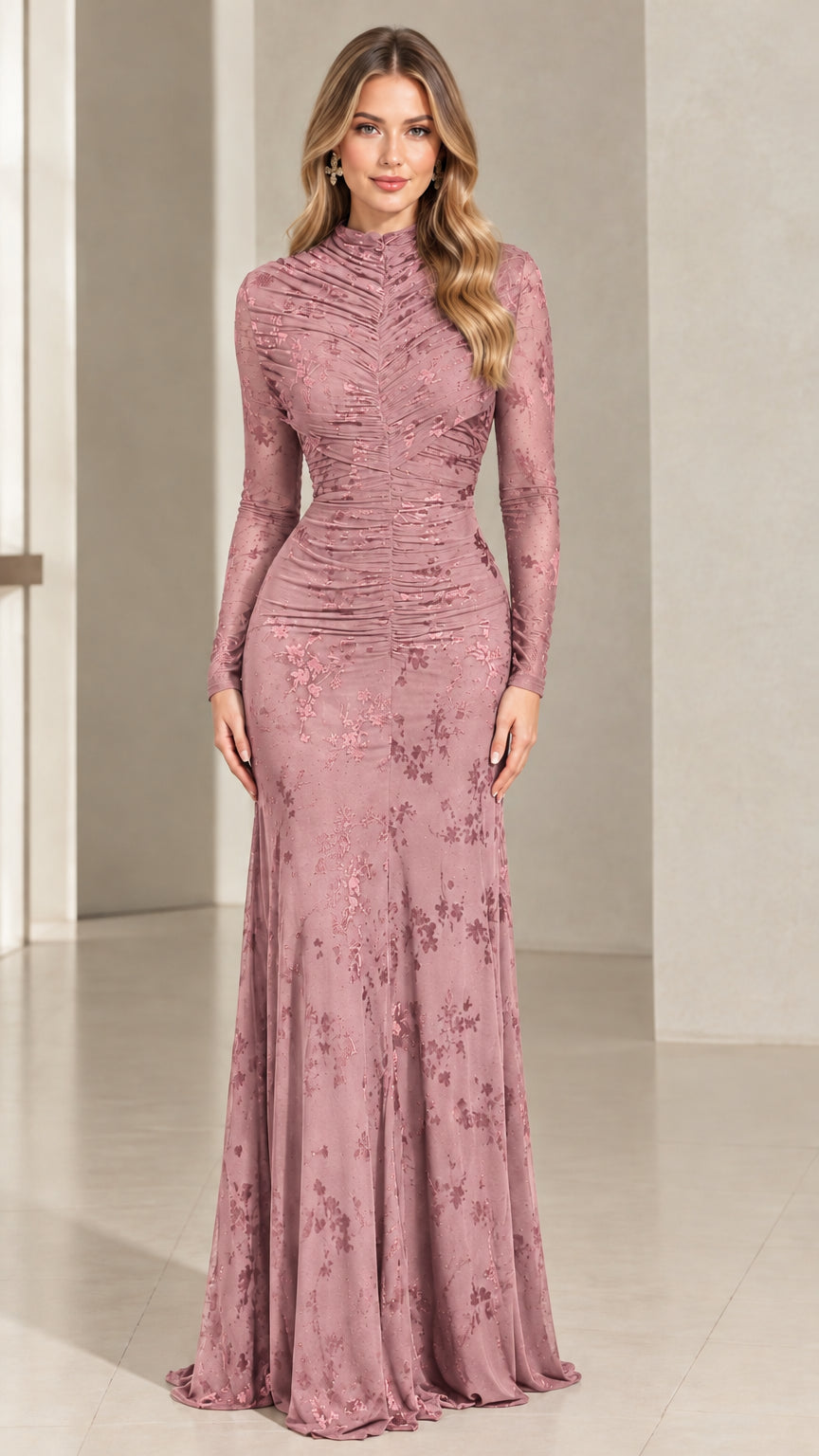 Front view of model wearing Dusty Rose Ruched Floral Lace Maxi Dress