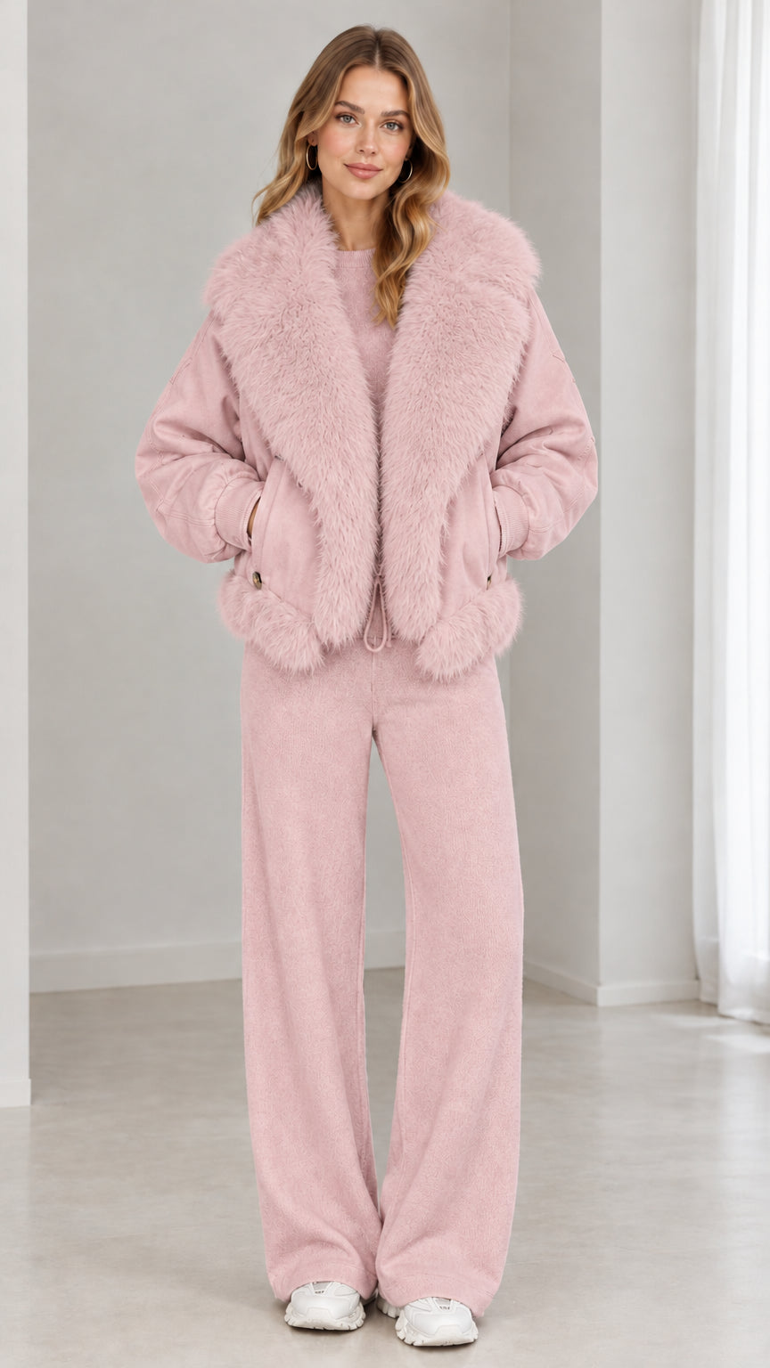 Full front view of model wearing dusty pink faux-fur collar zip-up jacket and matching pink pants