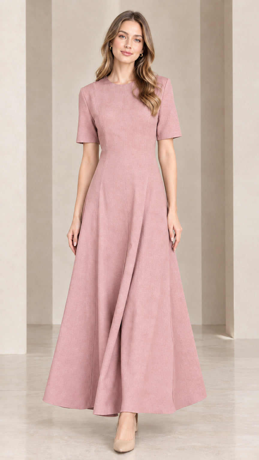 Front view of woman wearing dusty rose short sleeve A-line maxi dress