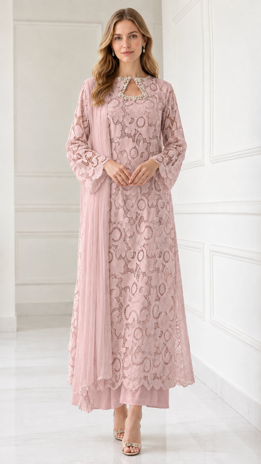 Full-length view of Dusty Pink floral lace 3-piece tunic set with scarf