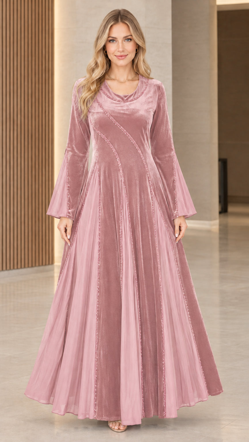 Dusty pink velvet cowl neck maxi dress with bell sleeves