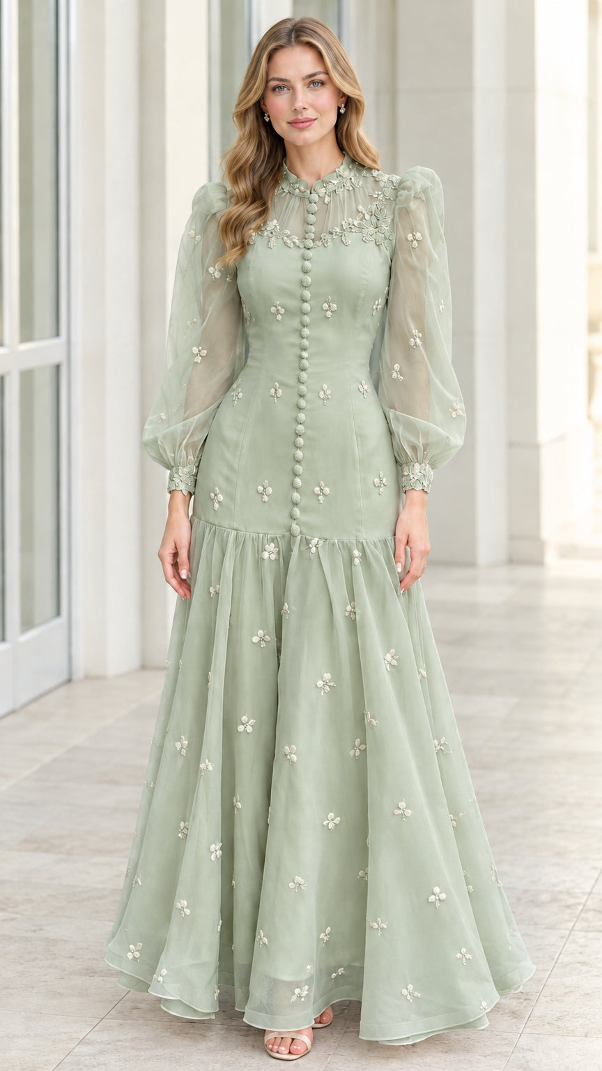 Front view of sage green sheer bishop sleeve embroidered formal maxi dress