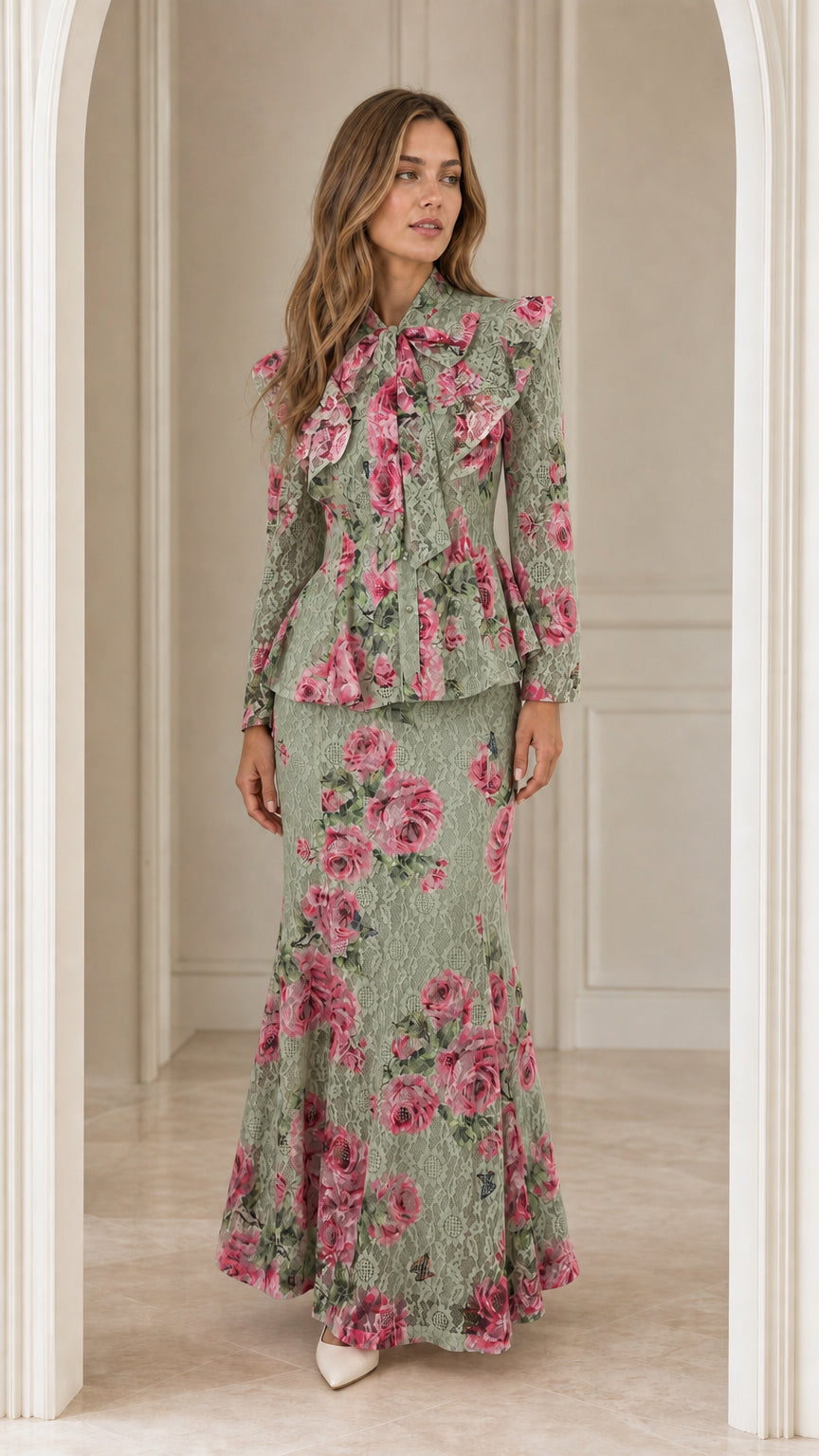 Front view of woman wearing sage green floral lace two-piece set