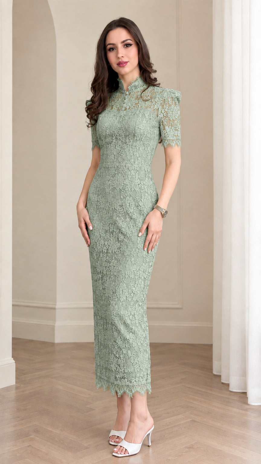 Full front view of model wearing sage green mock neck lace maxi dress