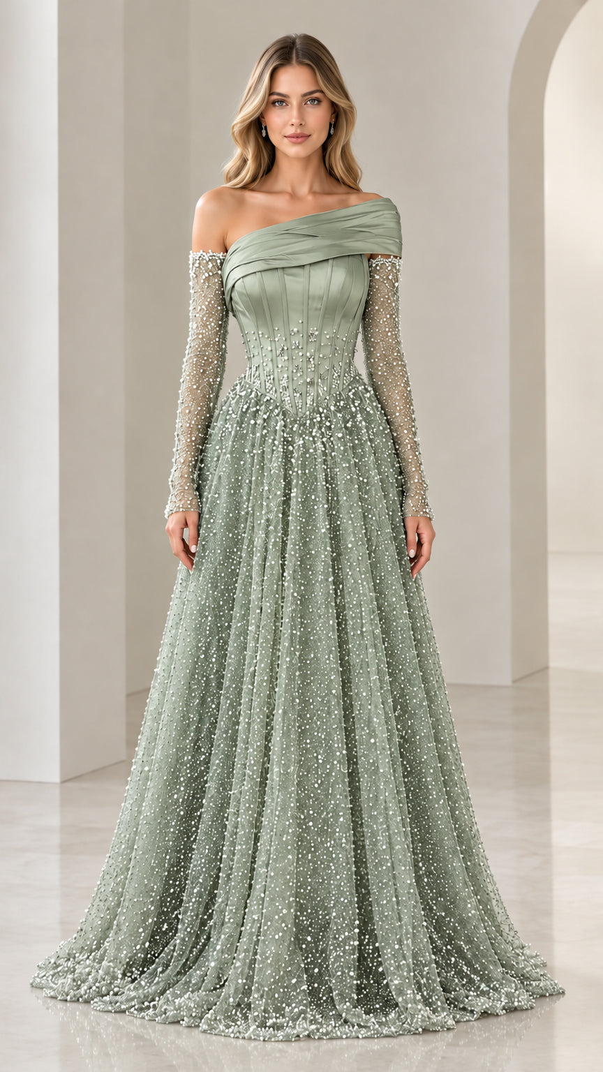 Sage green asymmetrical beaded long sleeve evening dress