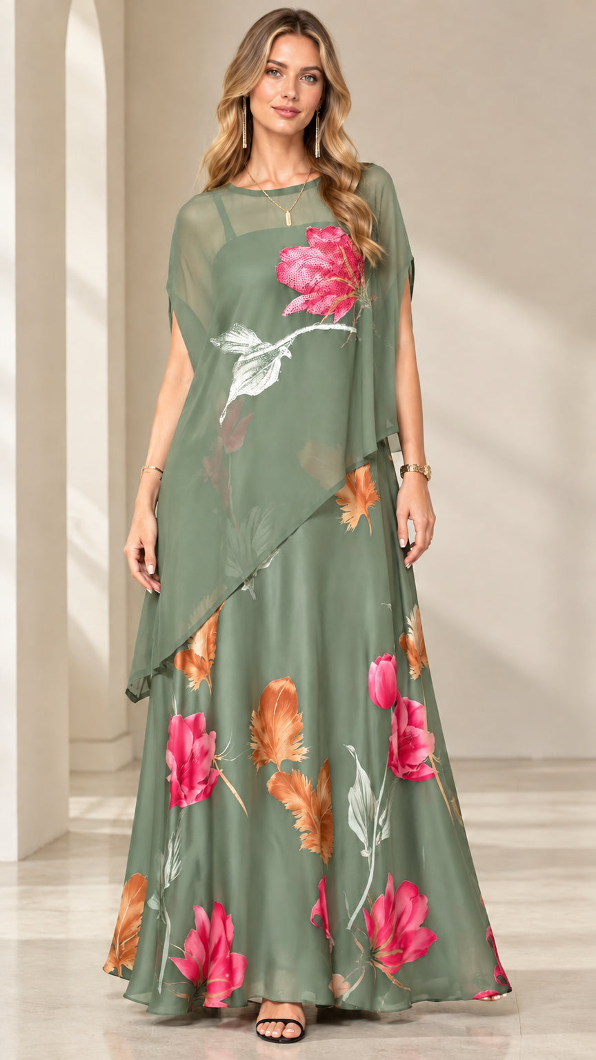 Sage Green floral chiffon capelet maxi dress front view