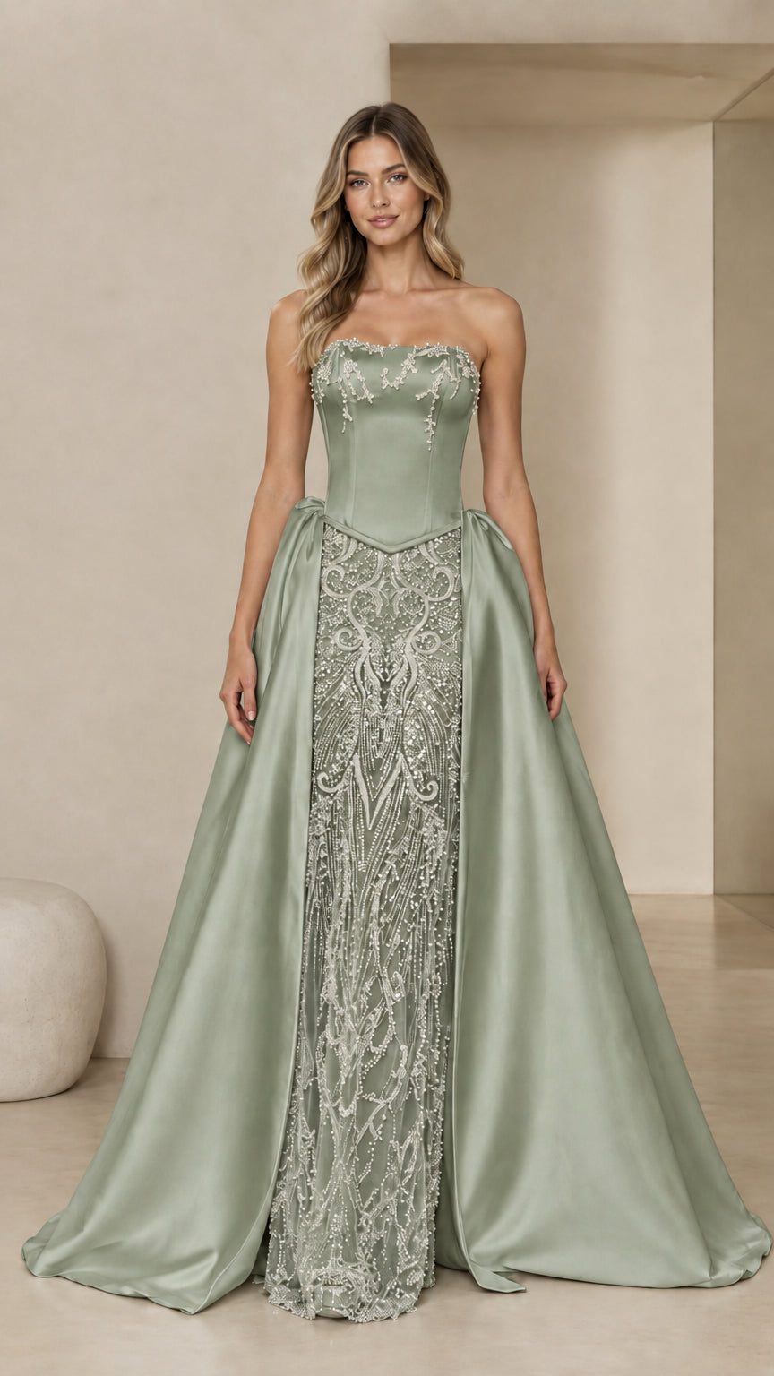 Front full view of Sage Green strapless beaded corset formal gown