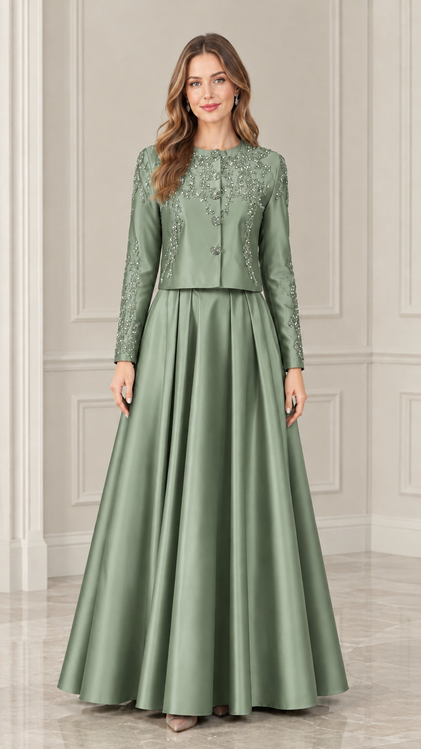 Model wearing sage green beaded jacket and pleated satin maxi skirt set
