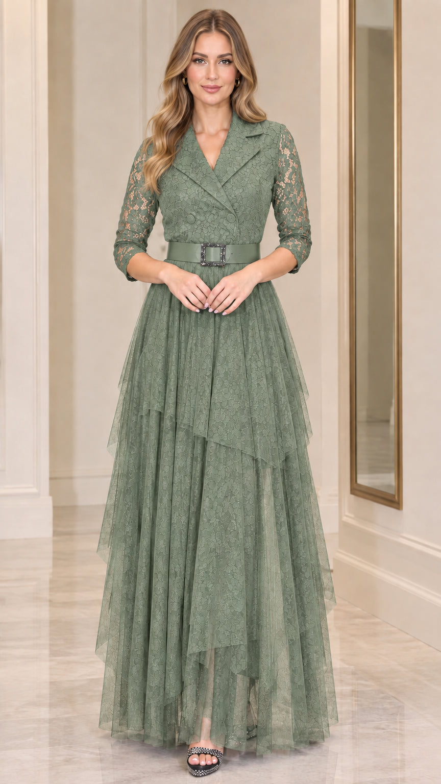 Model wearing sage green lapel lace tiered maxi evening dress with belt