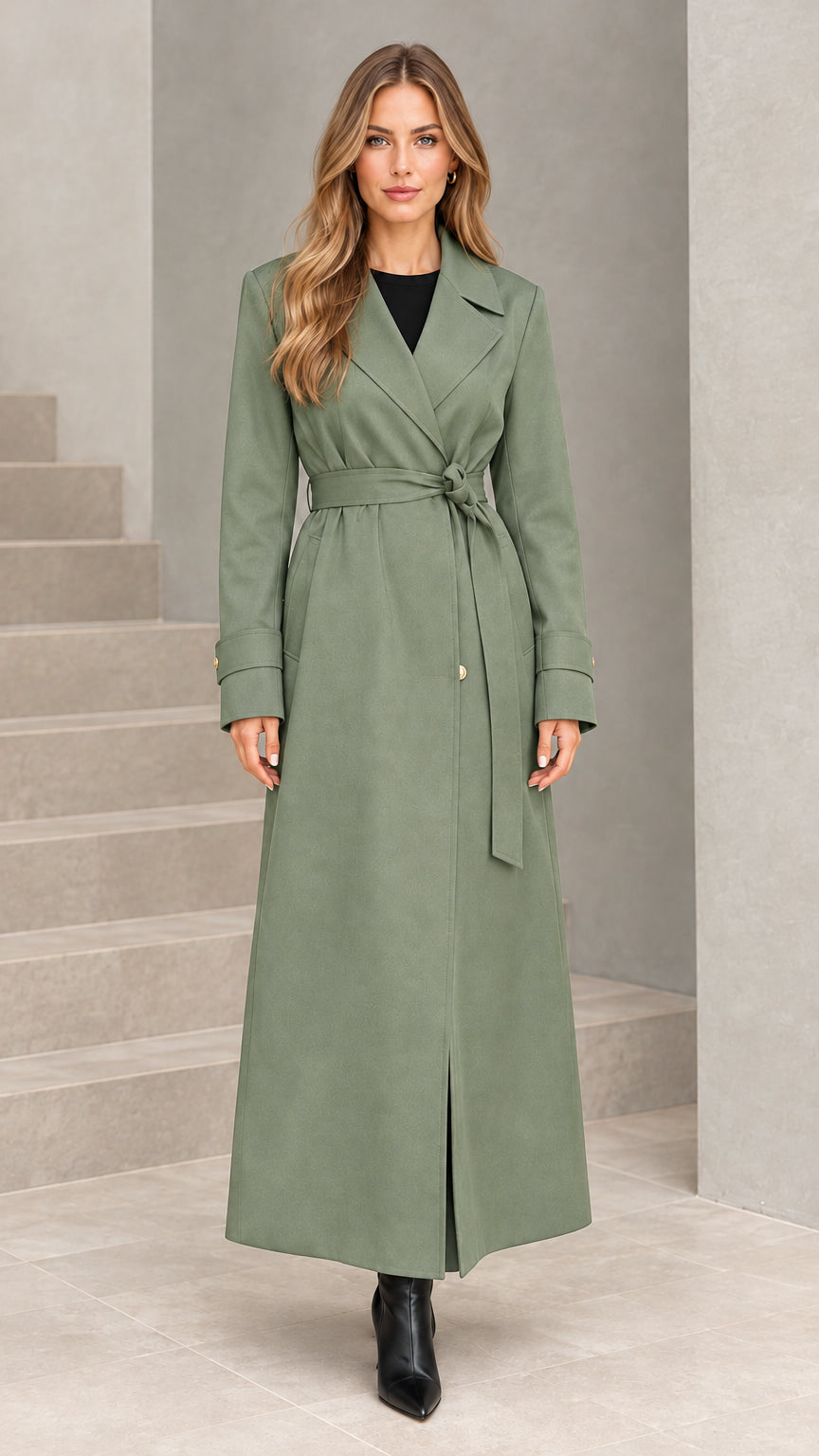 Front view of woman wearing sage green maxi belted trench coat