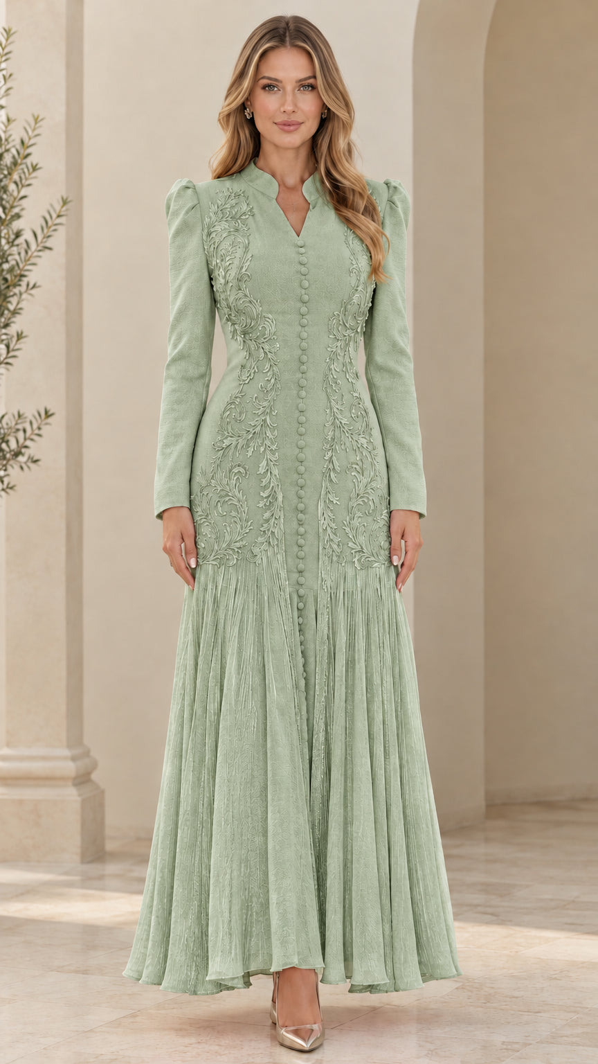 Front view of sage green long sleeve embroidered pleated maxi dress