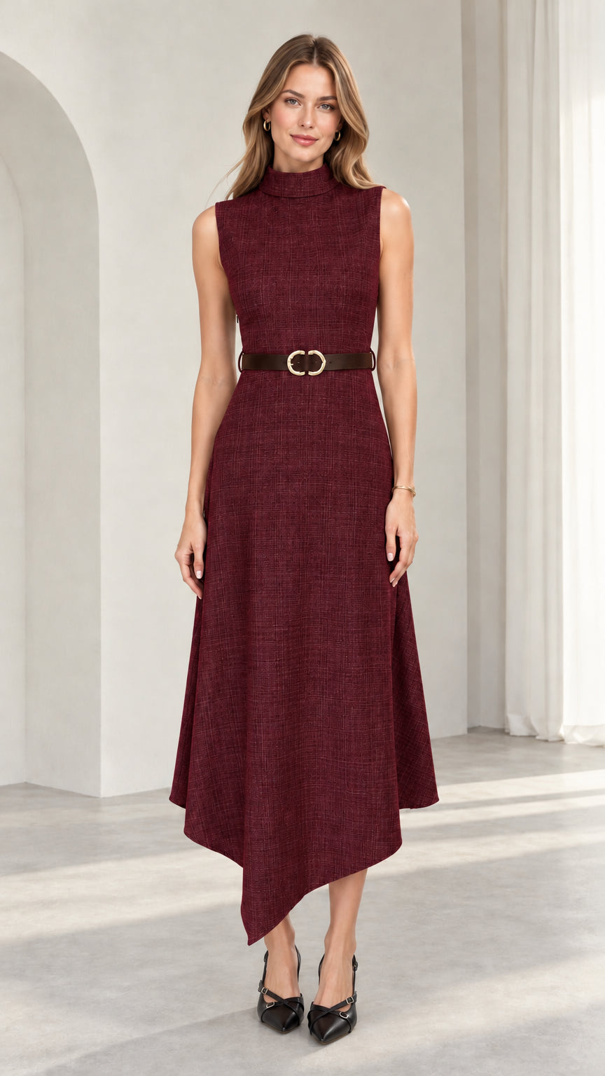 Model wearing burgundy wine sleeveless mock neck asymmetrical midi dress