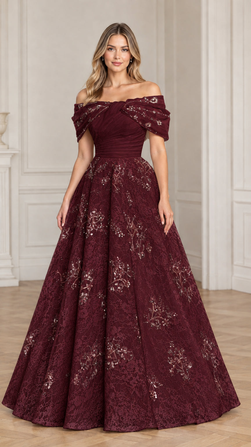 Full front view of model in burgundy wine lace ball gown
