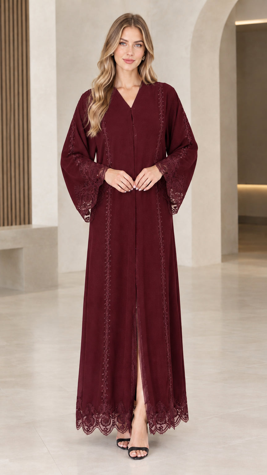 Front view of woman wearing burgundy wine red lace trim maxi abaya dress