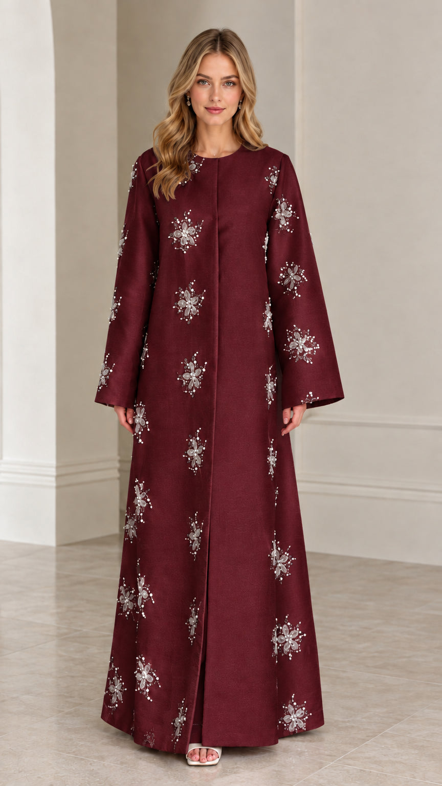 Full front view of Burgundy wine red embellished evening coat dress