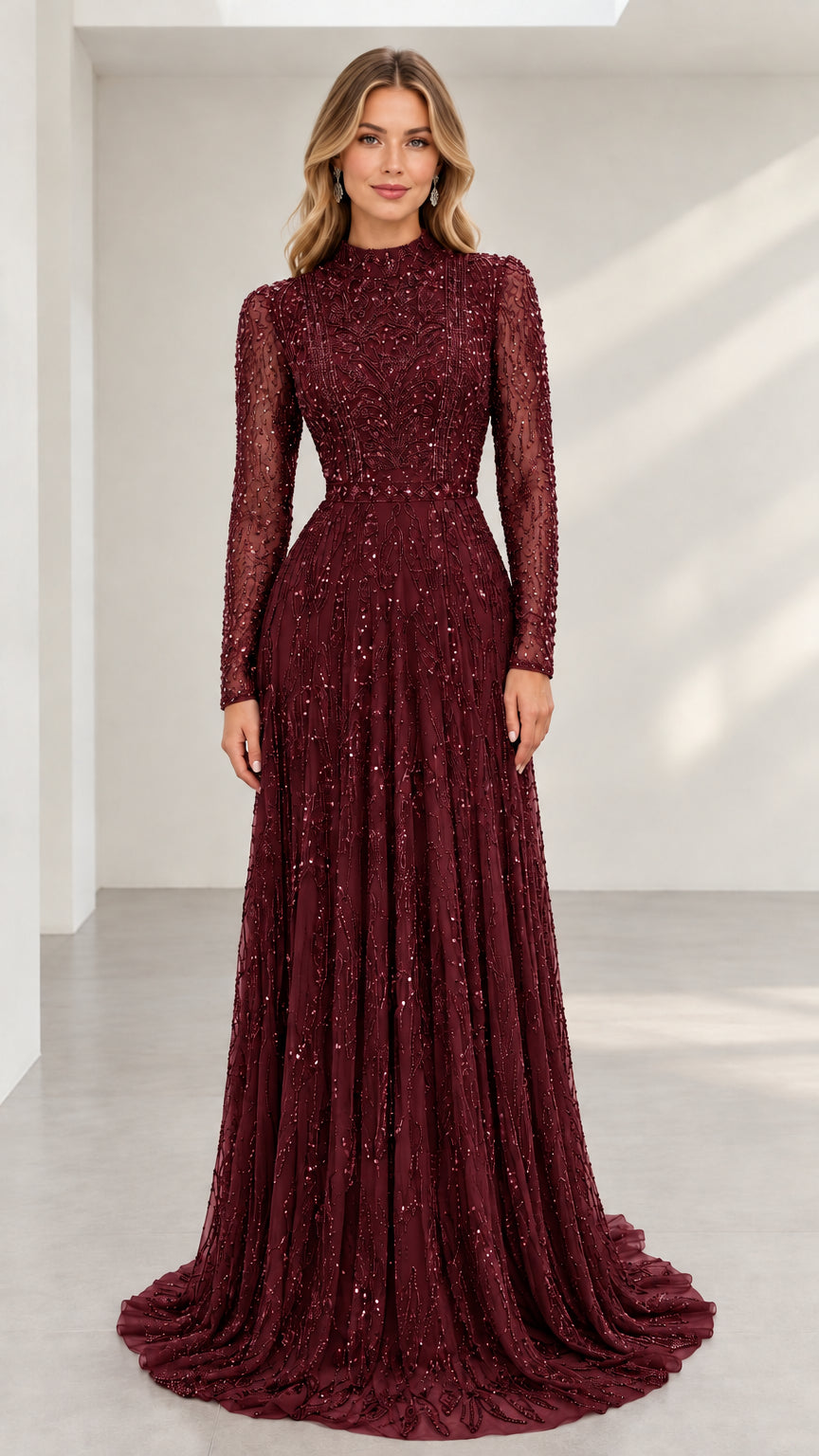 Front view of burgundy wine red beaded high neck evening gown