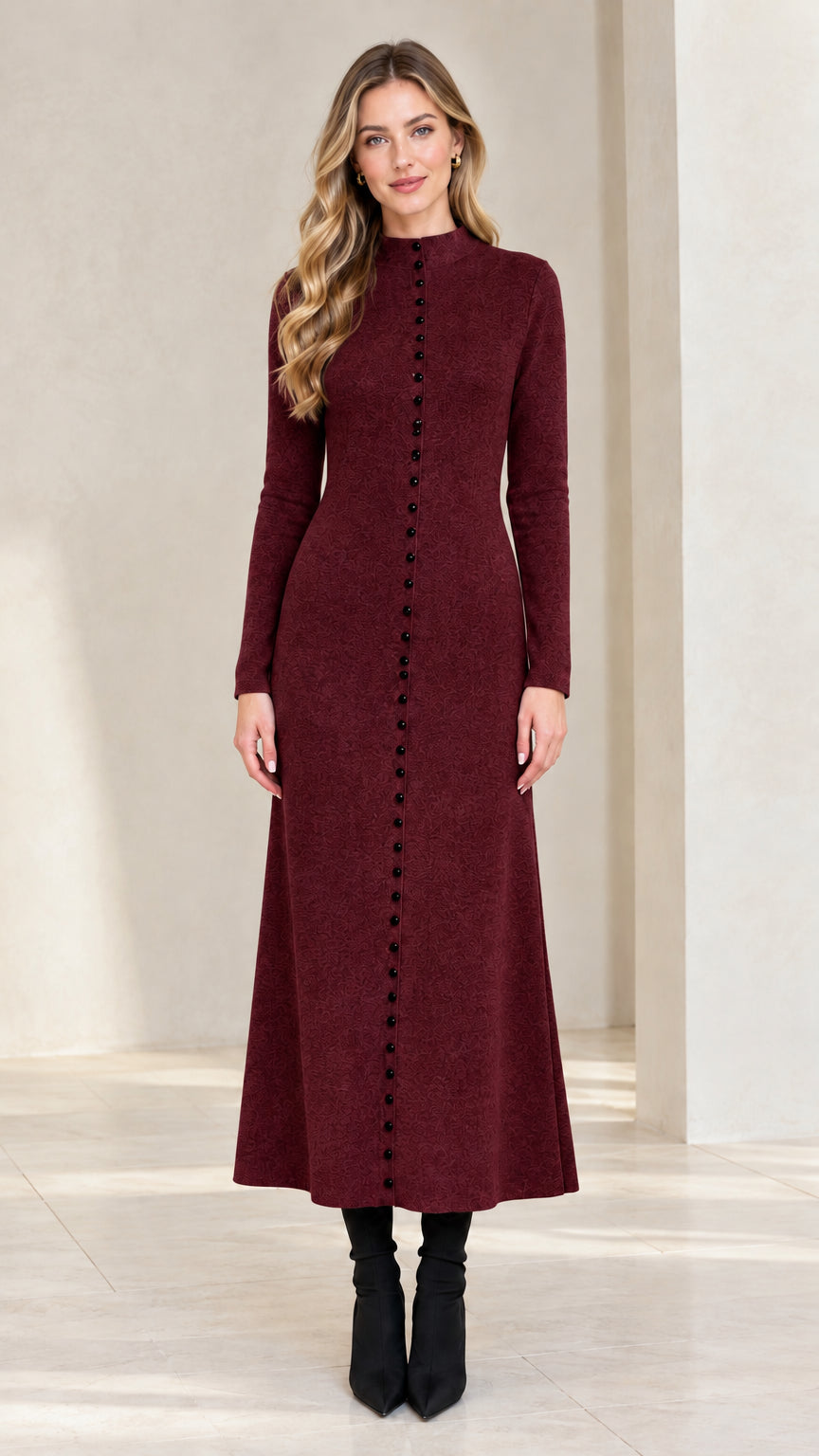 Model wearing Burgundy wine red mock neck long sleeve knit maxi dress