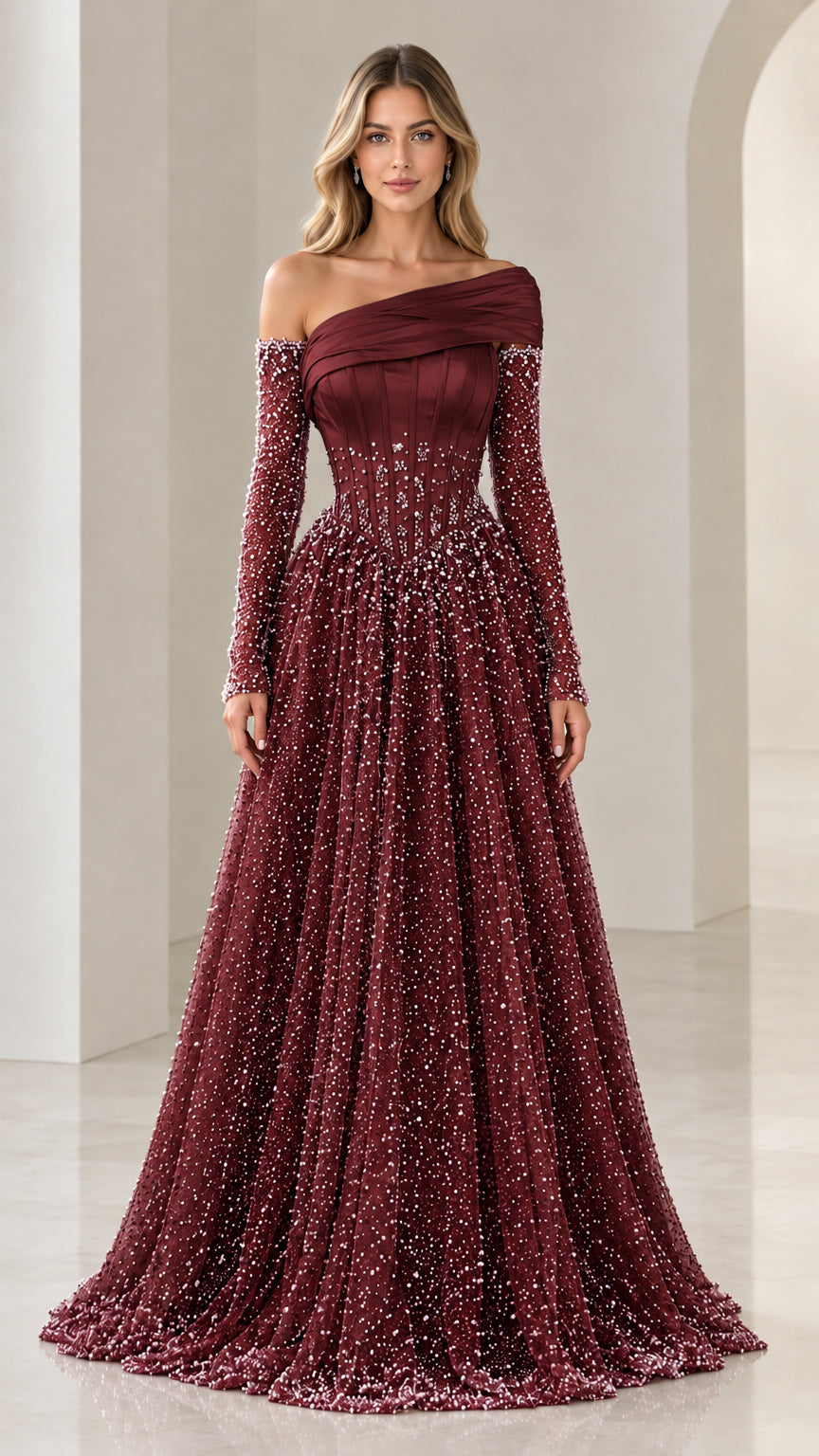 Burgundy wine red off-the-shoulder beaded evening ball gown