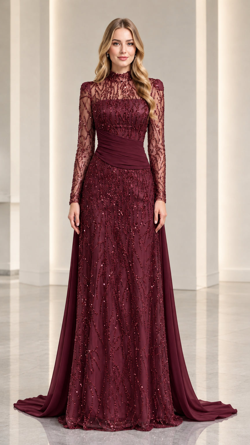 Burgundy wine sequin floor-length evening gown with high illusion neckline