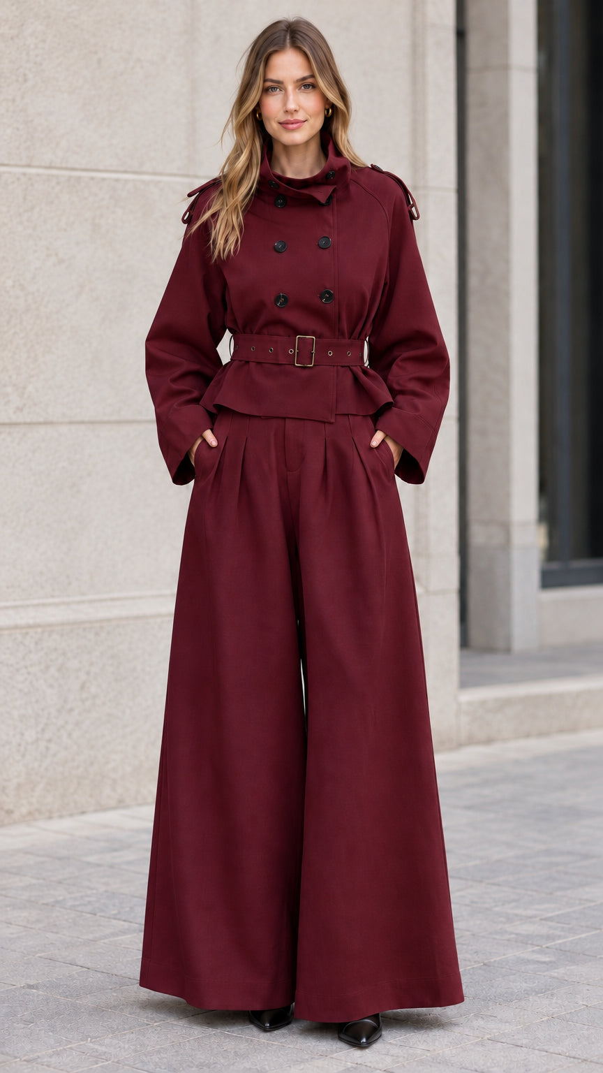 Front view of woman wearing burgundy wine cropped trench jacket and wide-leg pants set