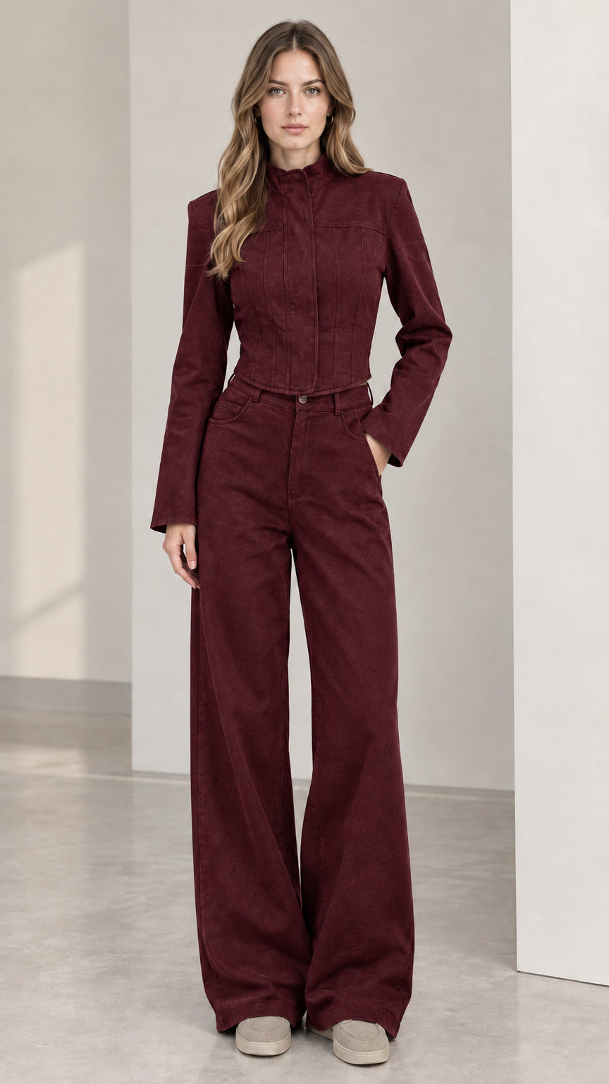 Full front view of women's burgundy cropped jacket and wide leg pants set