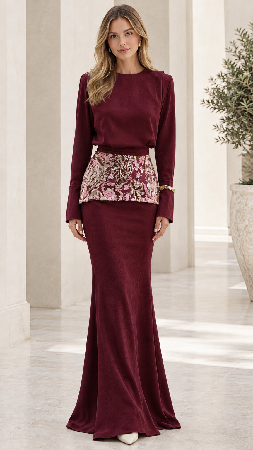 Burgundy wine long sleeve evening dress with embroidered waist detail