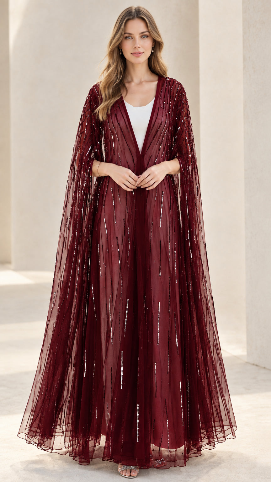 Burgundy wine red sparkling tulle floor-length evening cape
