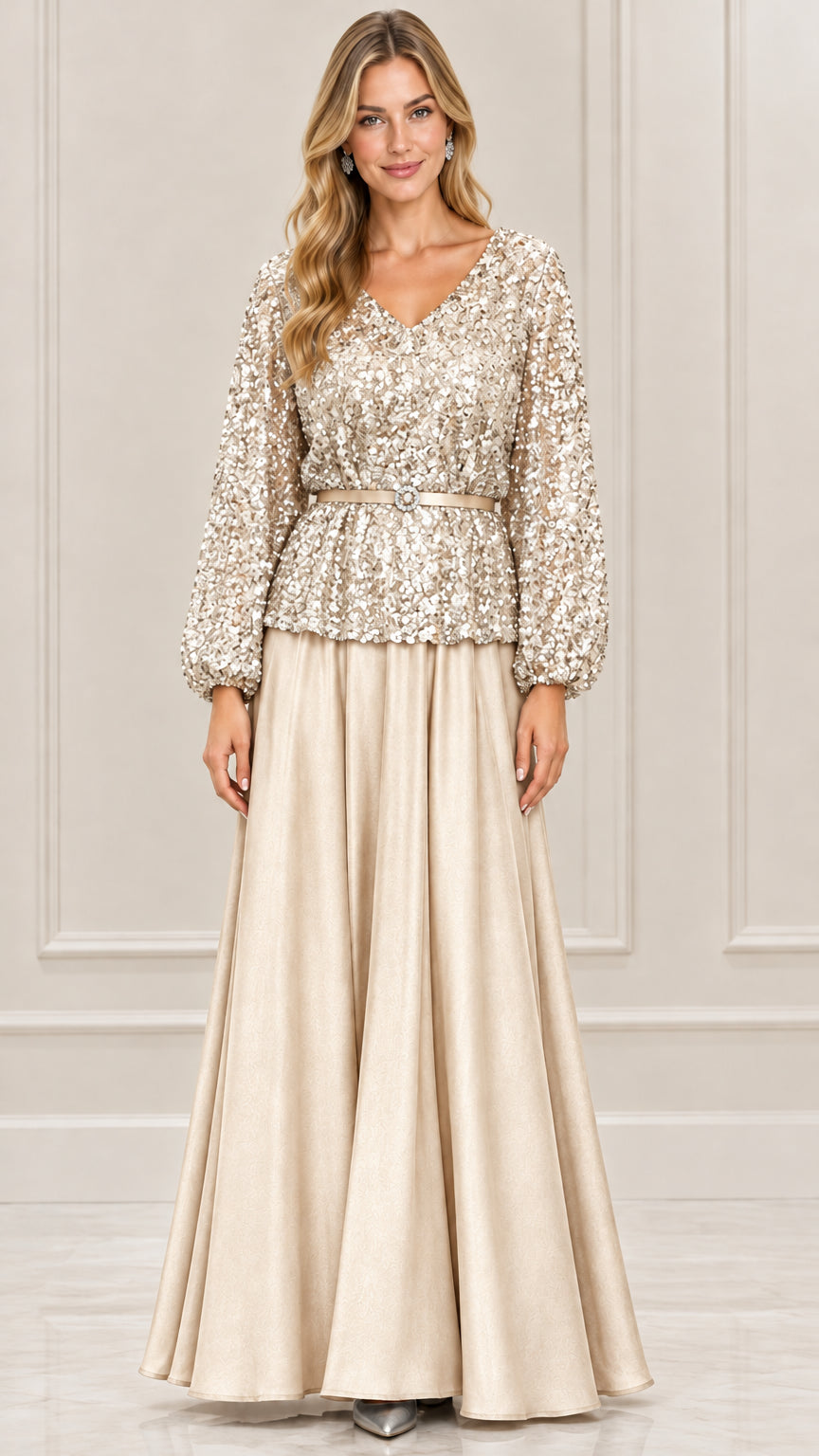 Full-length champagne gold sequin long sleeve evening gown with belted waist