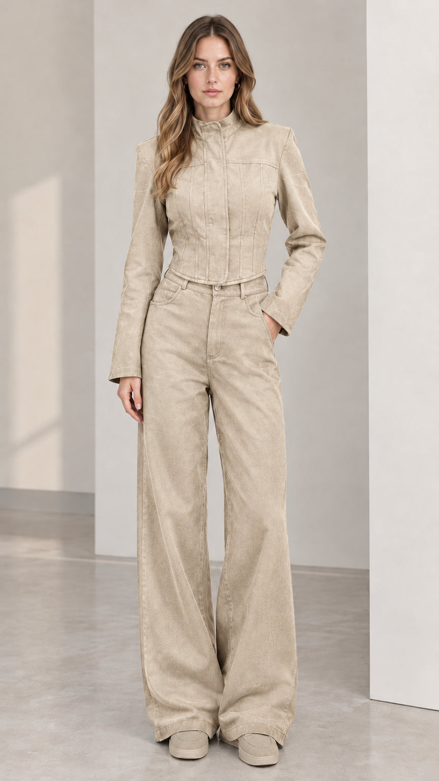 Full front view of women's beige cropped jacket and wide leg pants set