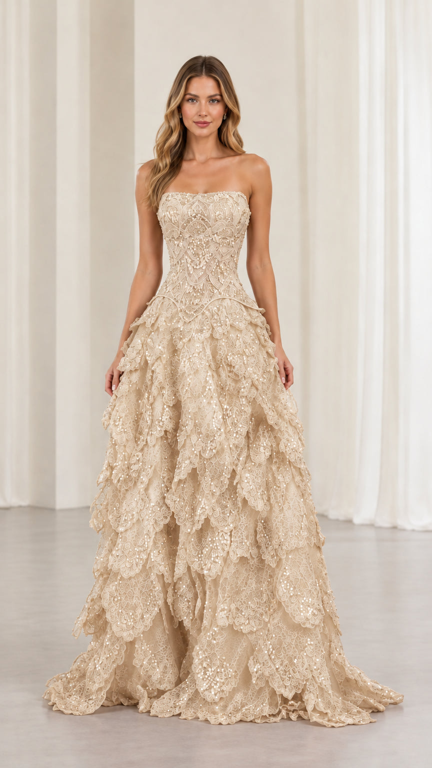 Champagne gold strapless sequin embroidered tiered evening ball gown