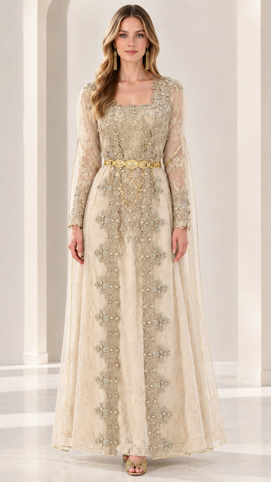 Champagne beige embellished lace maxi gown with metallic waist accent
