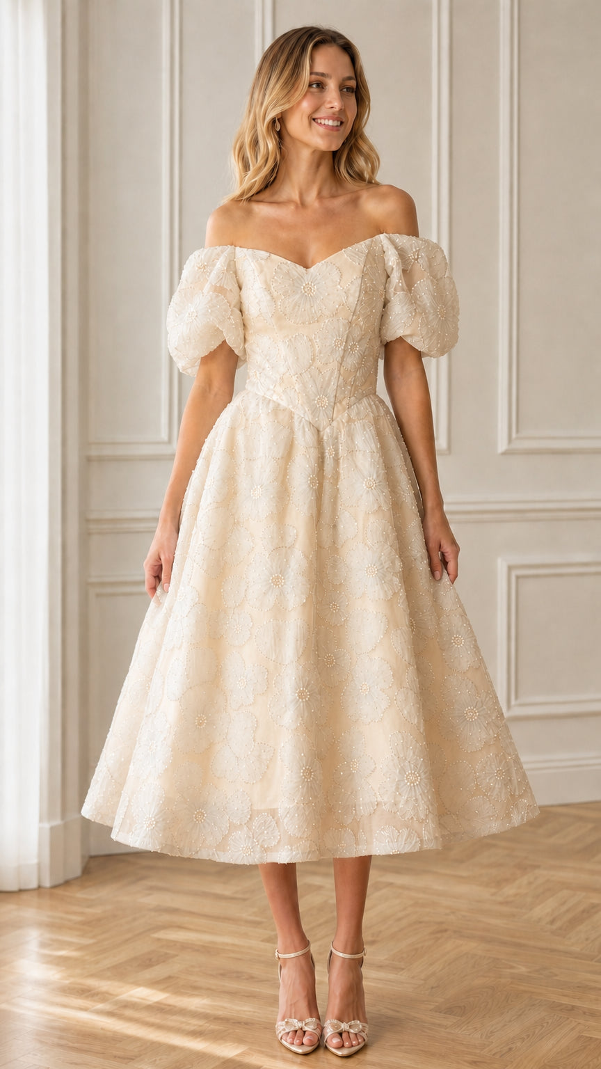 Front view of champagne floral applique midi dress
