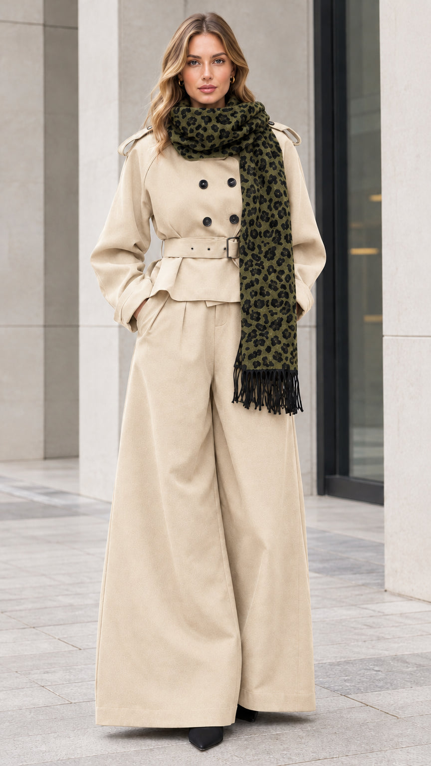 Beige cream cropped trench coat and tailored wide-leg trousers set