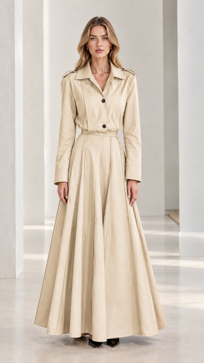 Front view of cream beige pleated long sleeve trench maxi dress