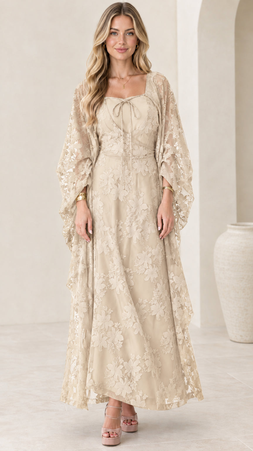 Front full view of champagne cream floral lace maxi dress