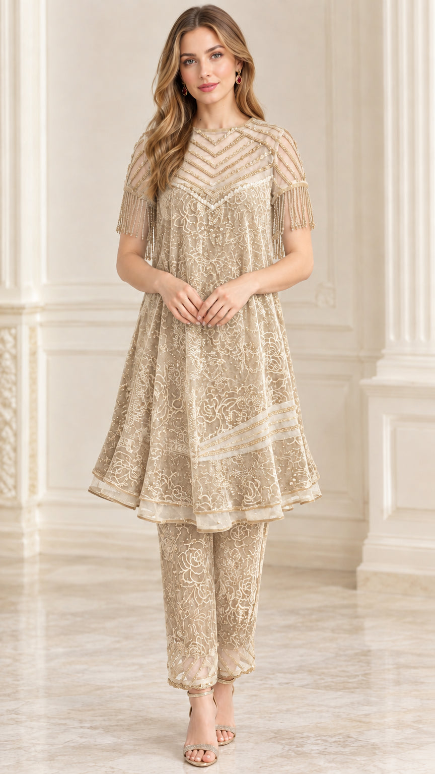 Champagne beige beaded sheer neckline velvet tunic and pant set