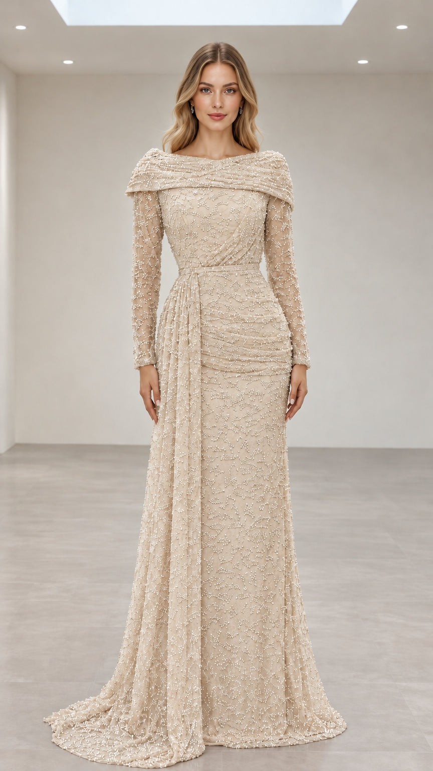 Champagne cream beaded long-sleeve evening gown with cascading drape