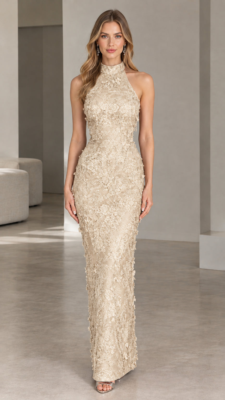 Front view of champagne gold floral lace high-neck formal gown
