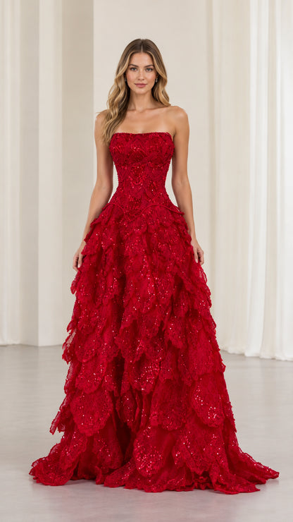 Front view of model wearing red strapless sequin tiered evening ball gown