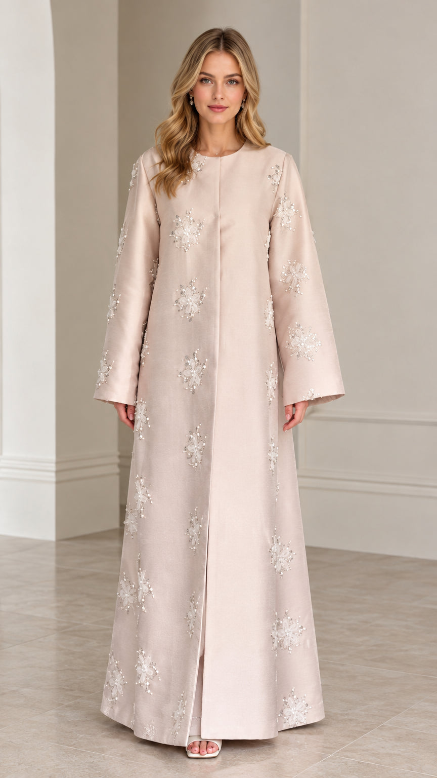 Front full view of Champagne beaded maxi abaya dress with wide sleeves