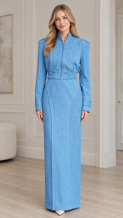 Sky blue structured zip jacket and matching column maxi skirt set front view