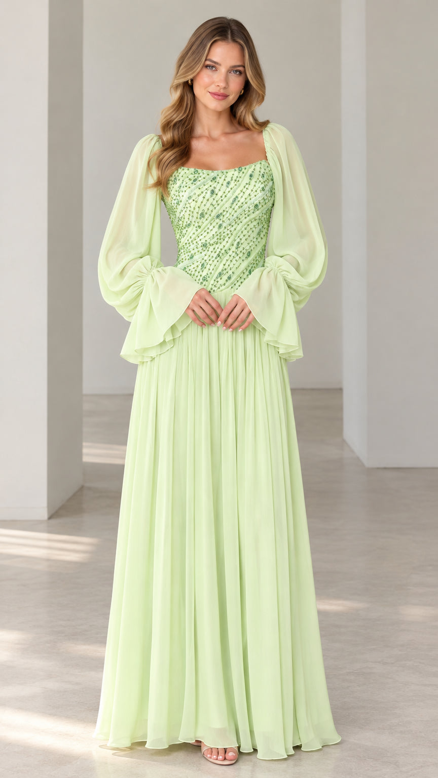Front full-length view of mint green sequin bodice evening dress with long flounce sleeves