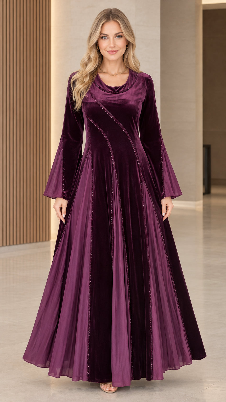 Plum velvet maxi dress with cowl neck and flared bell sleeves front view