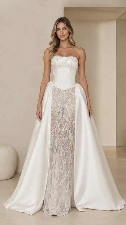 Front full view of Ivory White strapless beaded corset evening gown with satin overskirt