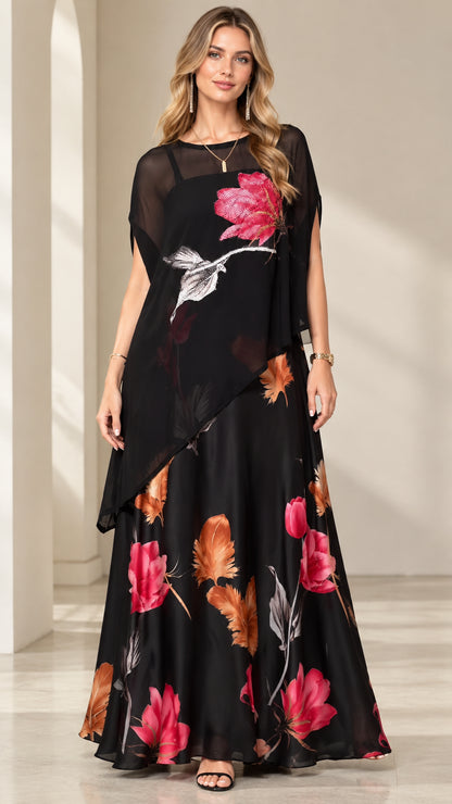 Front view of black floral print chiffon capelet maxi dress