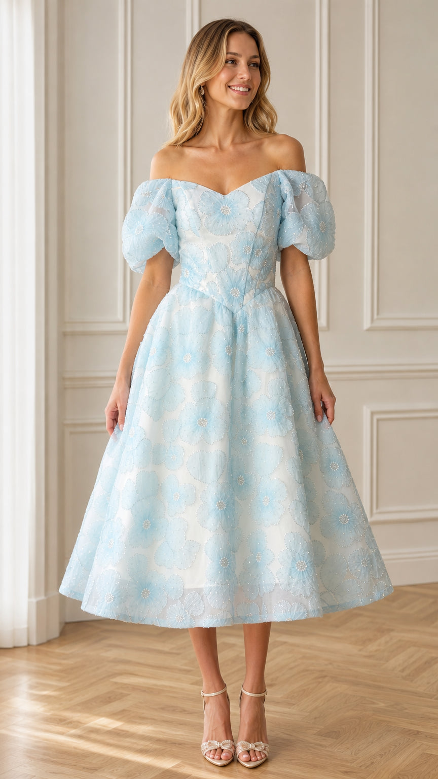 Front view of light blue off-the-shoulder floral applique midi dress