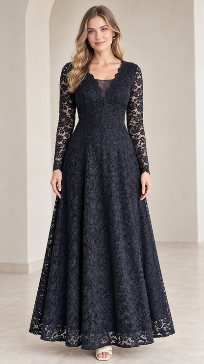 Front view of model wearing Navy Blue long sleeve lace maxi dress with scalloped V-neck