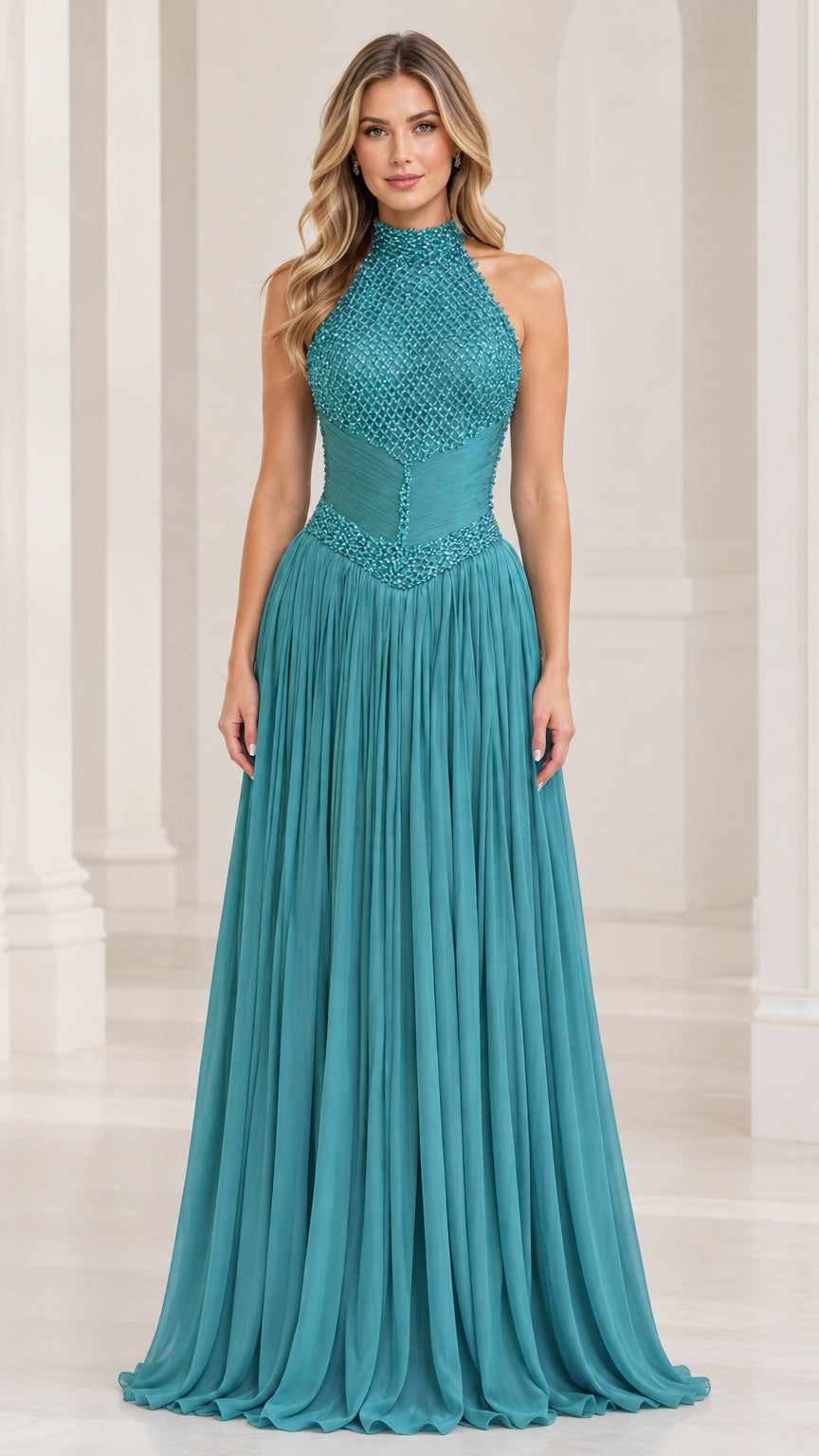 Front view of model wearing a teal high-neck beaded halter pleated chiffon evening gown