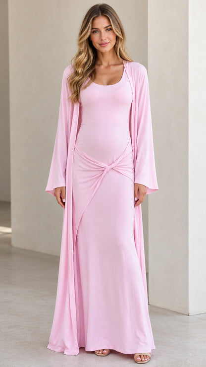 Front view of pregnant model wearing Light Pink maternity maxi dress and matching long cardigan set